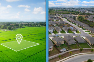 Comparação entre loteamento aberto e fechado: à esquerda, terreno verde demarcado representando um loteamento aberto; à direita, bairro planejado com casas em um loteamento fechado.