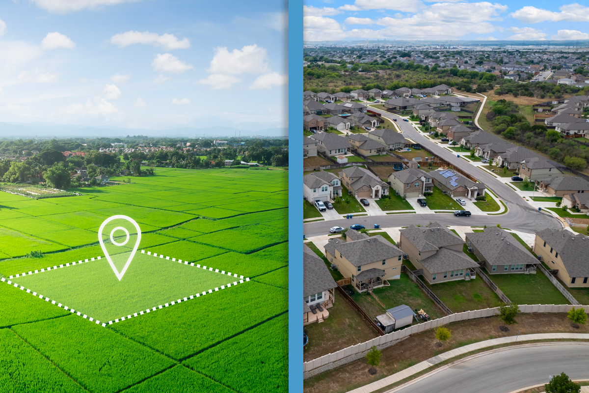 Comparação entre loteamento aberto e fechado: à esquerda, terreno verde demarcado representando um loteamento aberto; à direita, bairro planejado com casas em um loteamento fechado.