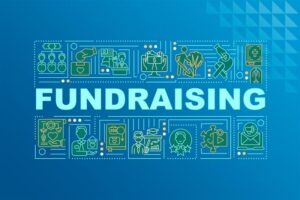Imagem com a palavra FUNDRAISING em destaque ao centro, em letras grandes e azuis, sobre um fundo azul com elementos gráficos em linha representando temas como doações, saúde, meio ambiente, educação, pesquisa, e-mails e conexões. Os ícones ao redor simbolizam atividades relacionadas à captação de recursos e causas sociais.